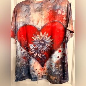 Artistic Heart and Flower Graphic T-Shirt XXL